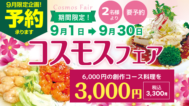 コスモスフェア6000円の創作料理が税込3,300円
